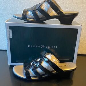 Karen Scott Glossy Black Mules with Embellished Straps